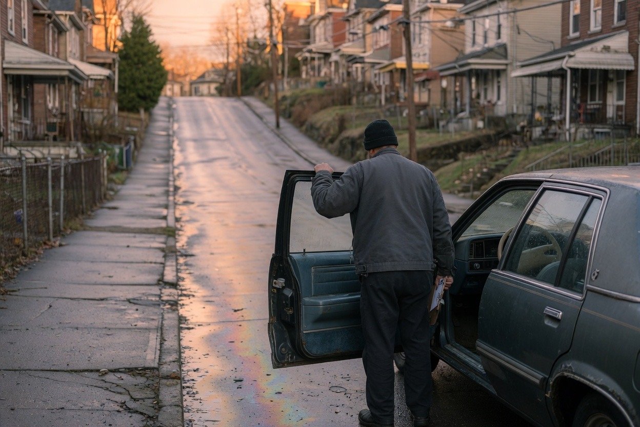 A driver standing beside an older sedan on a residential street