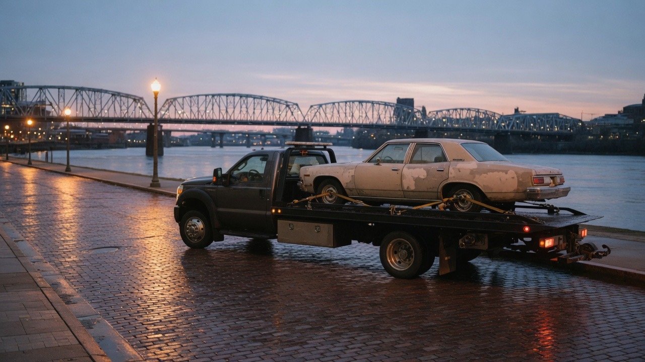 A flatbed tow truck with a car loaded on a city street at dusk